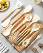 12-Pc Silicone Utensil Set with Wooden Handles & Holder - White