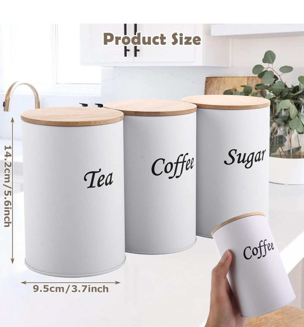 White Kitchen Canister Set – Coffee, Tea & Sugar with Bamboo Lids (3-Piece)