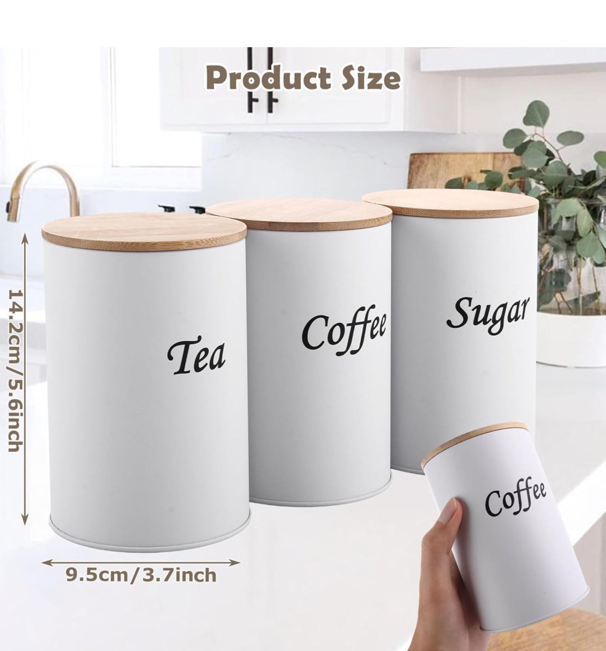 White Kitchen Canister Set – Coffee, Tea & Sugar with Bamboo Lids (3-Piece)