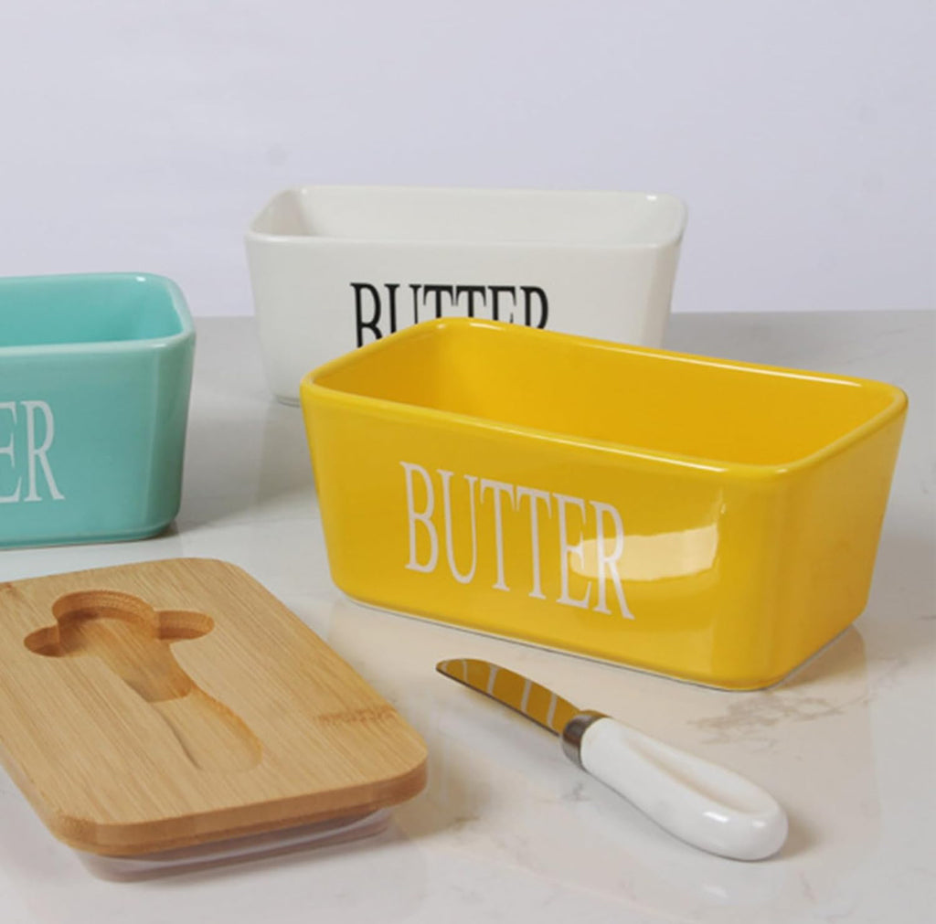 600ml Ceramic Butter Dish with Bamboo Lid & Knife - Yellow