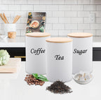 White Kitchen Canister Set – Coffee, Tea & Sugar with Bamboo Lids (3-Piece)
