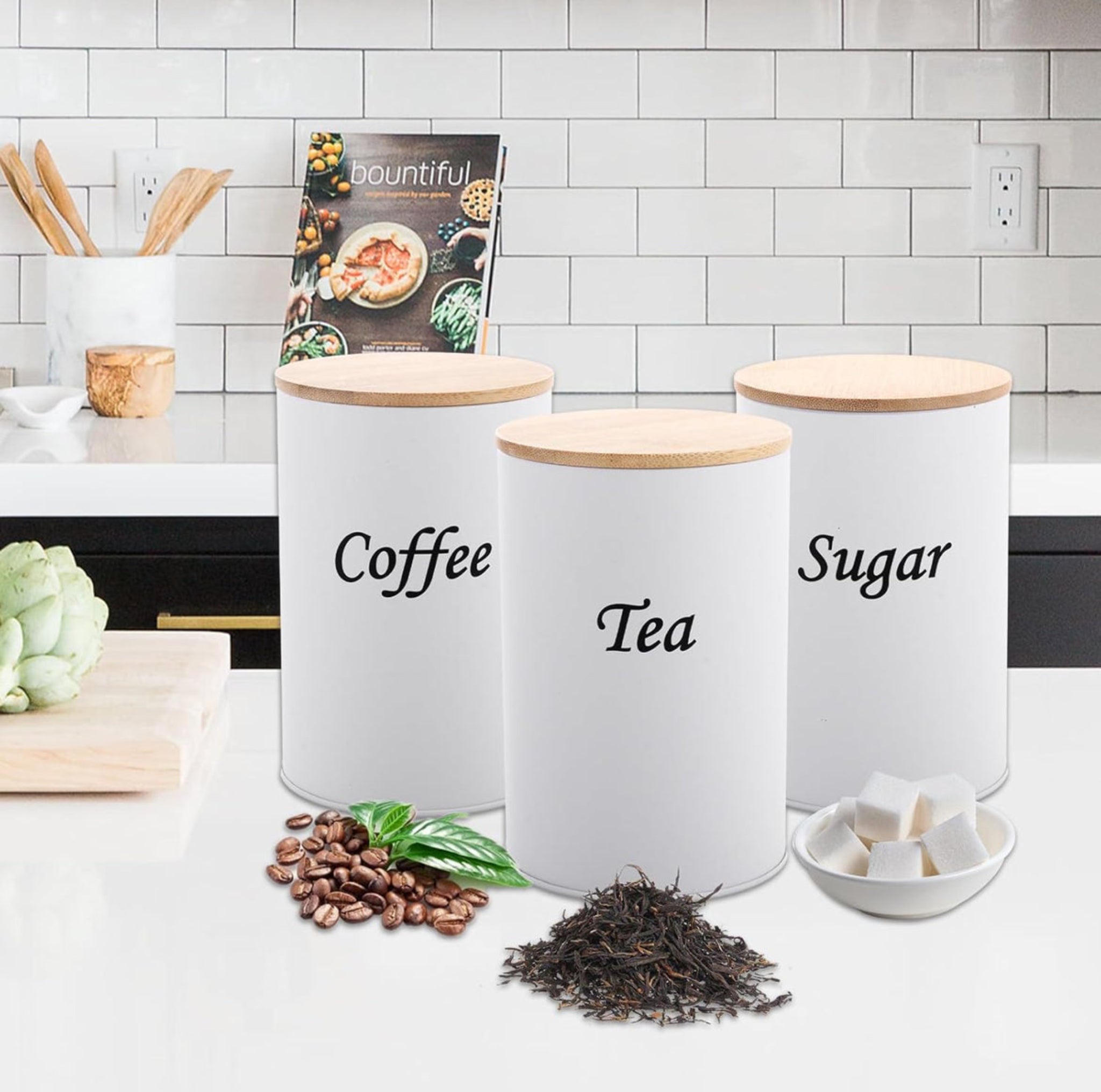 White Kitchen Canister Set – Coffee, Tea & Sugar with Bamboo Lids (3-Piece)