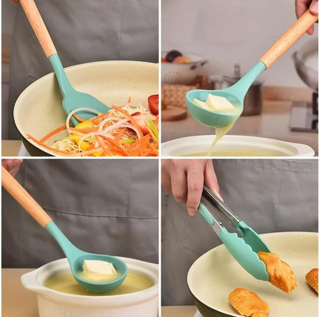 12-Pc Silicone Utensil Set with Wooden Handles & Holder - Turquoise