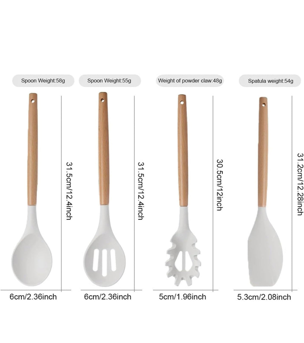 12-Pc Silicone Utensil Set with Wooden Handles & Holder - White