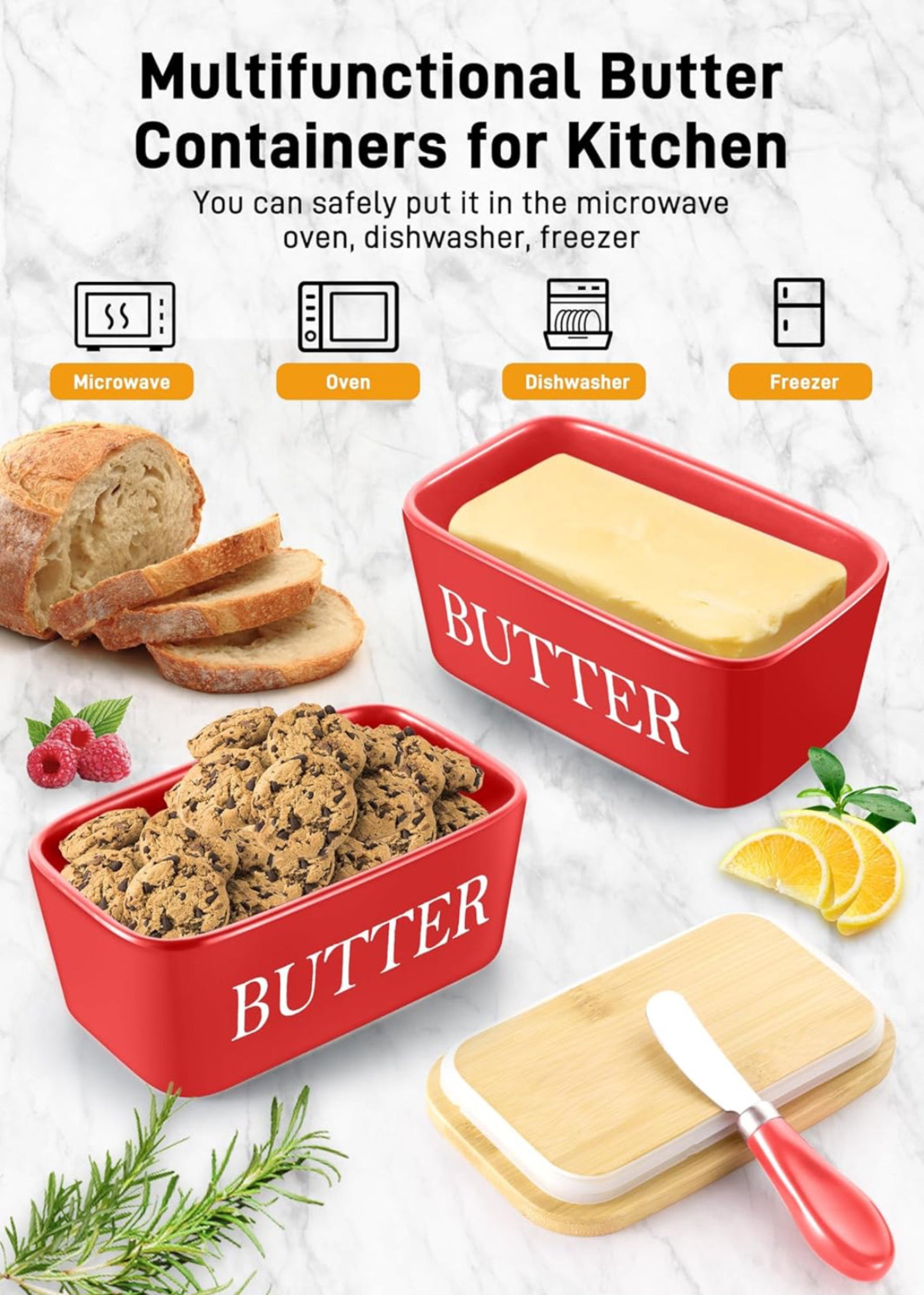 Ceramic Butter Dish Wooden Airtight Lid, With Butter Knife 600ml - Red