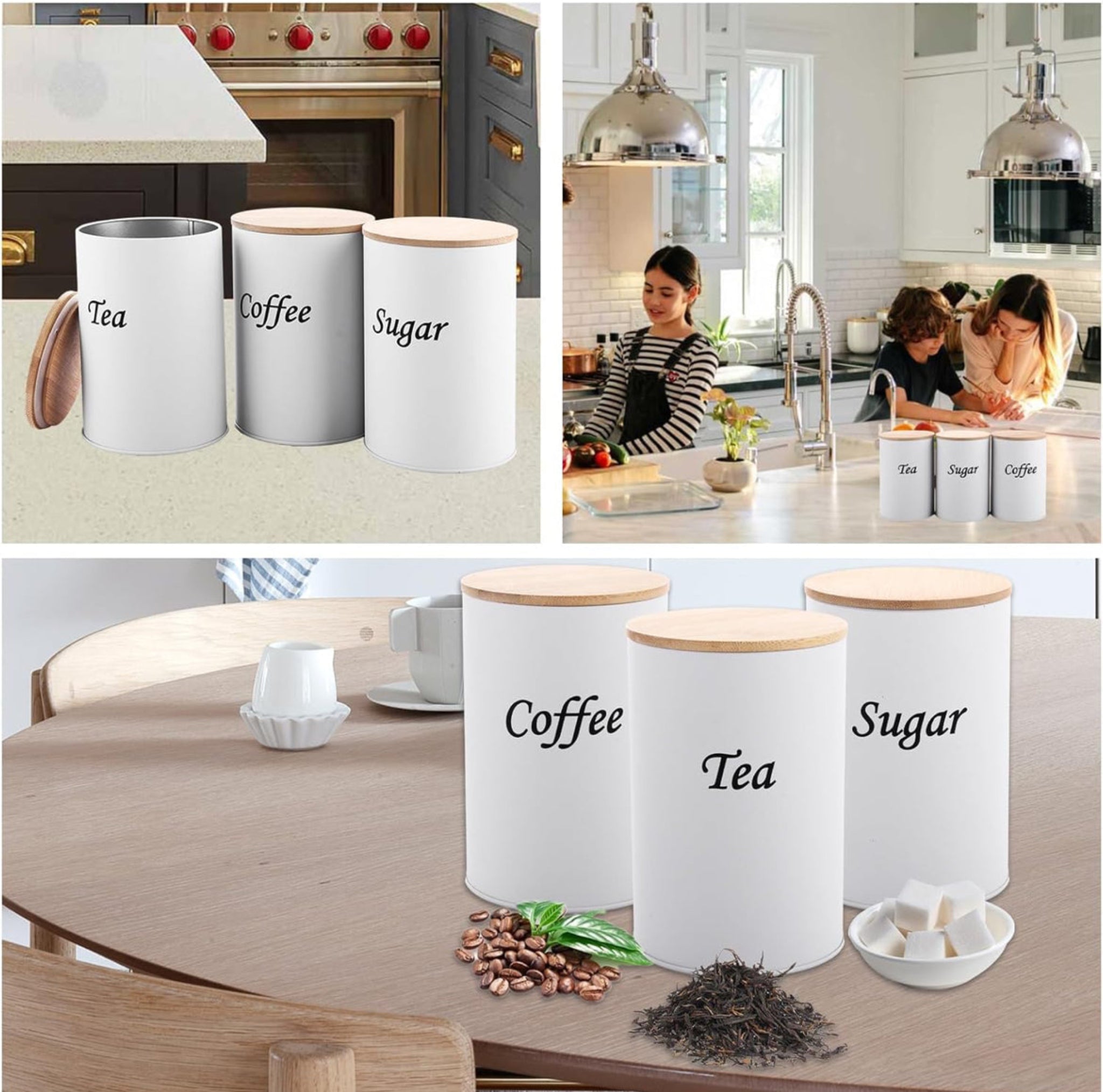 White Kitchen Canister Set – Coffee, Tea & Sugar with Bamboo Lids (3-Piece)