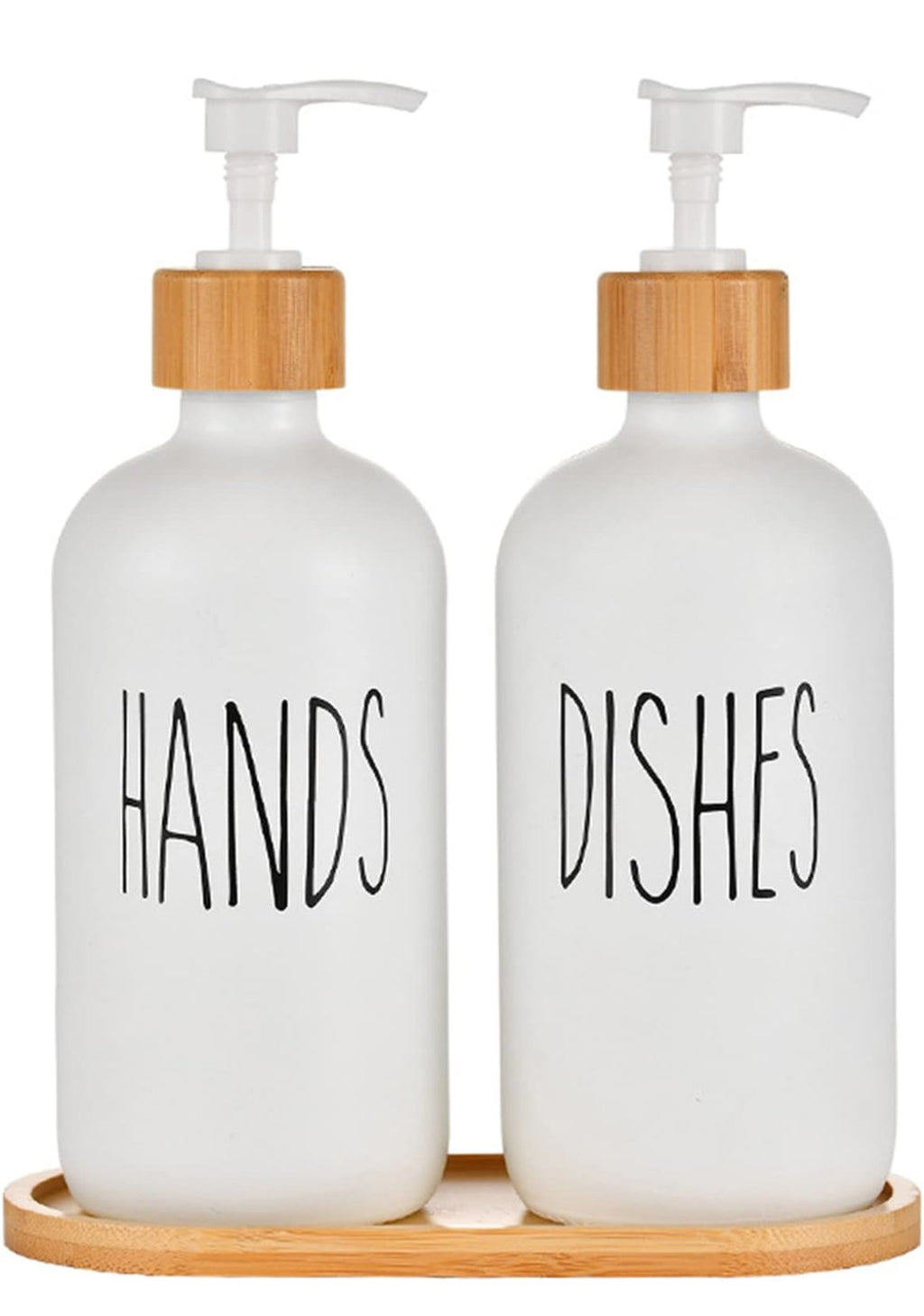 2x 500ml Lotion Soap Dispenser Hand Sanitizer Glass Bottle With Bamboo Cover Pump - White