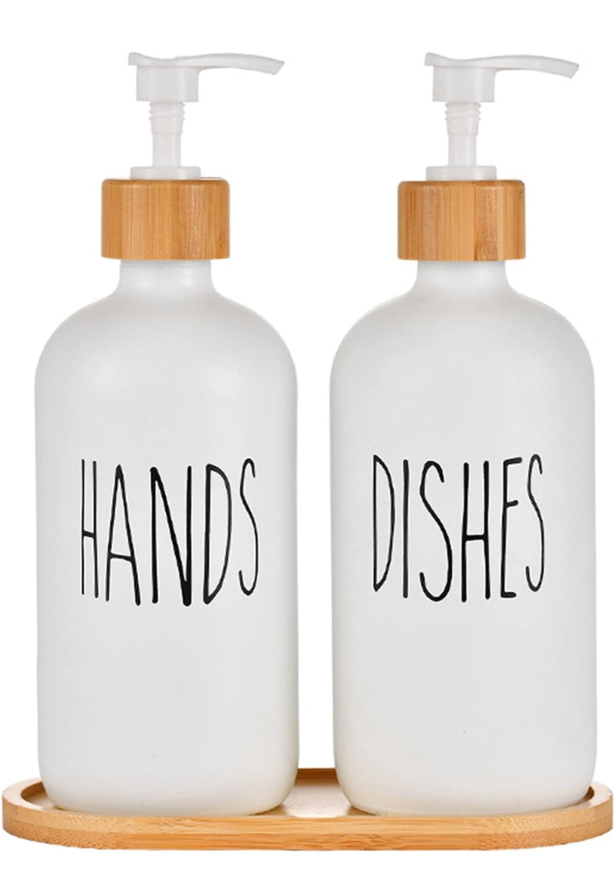 2x 500ml Lotion Soap Dispenser Hand Sanitizer Glass Bottle With Bamboo Cover Pump - White