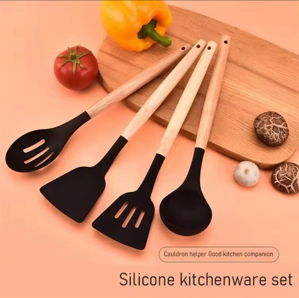 12-Pc Silicone Utensil Set with Wooden Handles & Holder - Black