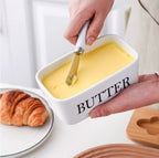 Ceramic Butter Dish With Wooden Airtight Lid, With Butter Knife - White 600ml