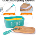 Ceramic Butter Dish With Wooden Airtight Lid, With Butter Knife Turquoise 600ml