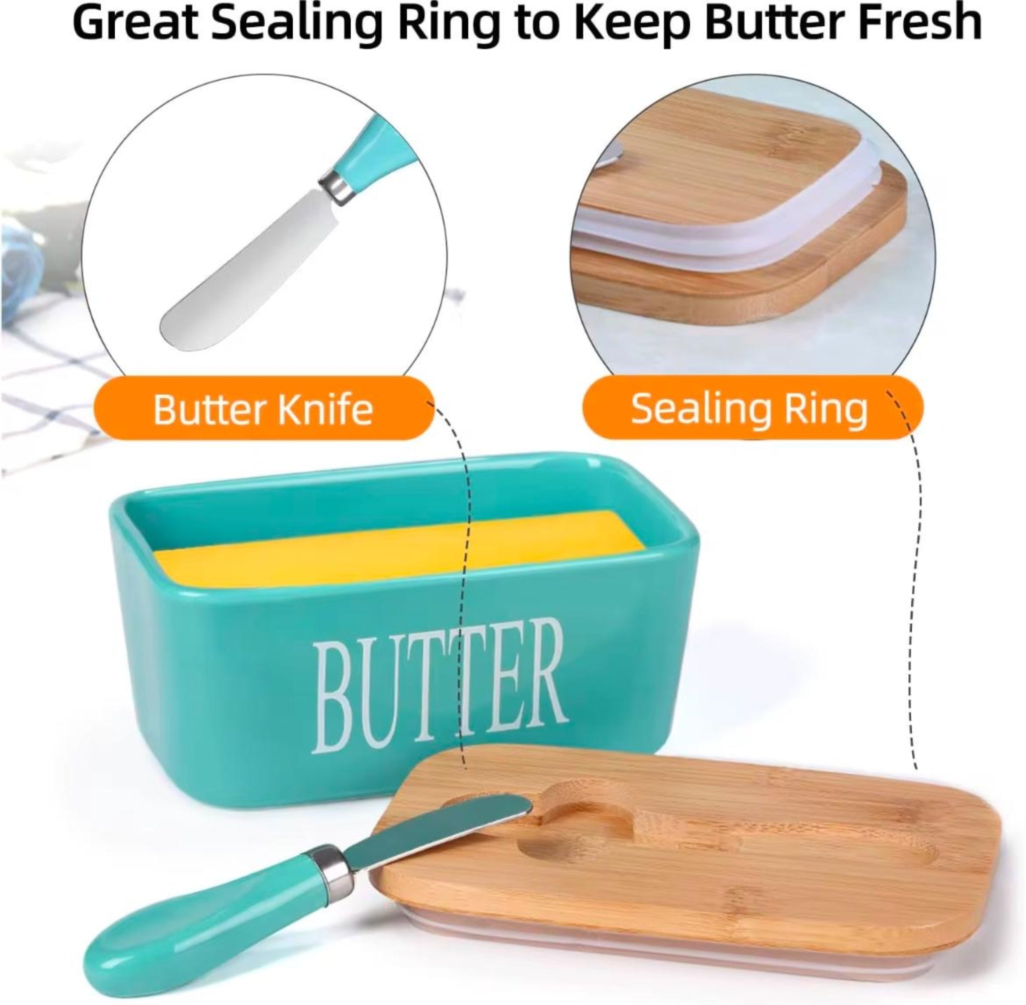 Ceramic Butter Dish With Wooden Airtight Lid, With Butter Knife Turquoise 600ml