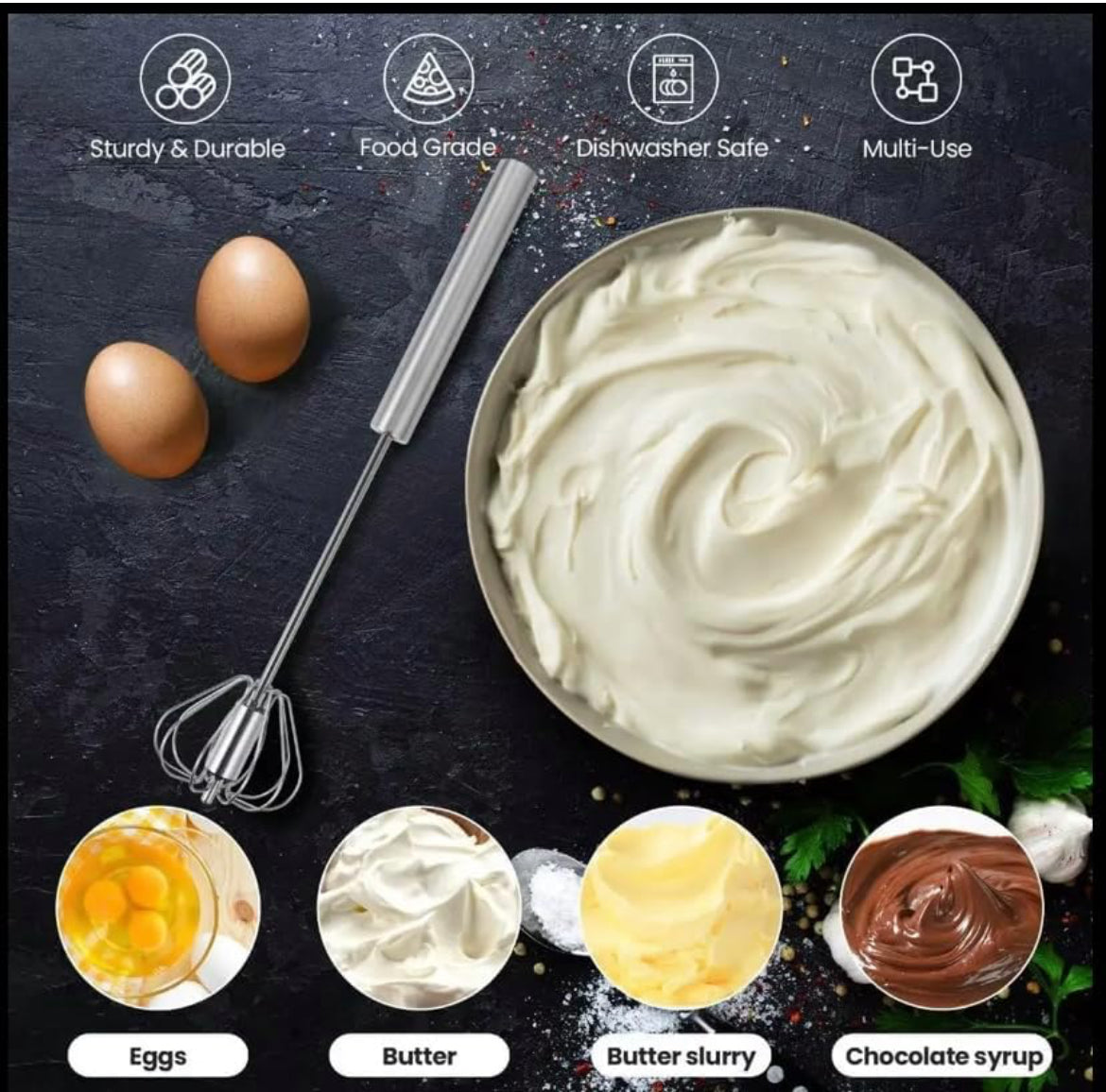Stainless Steel Semi-Automatic Egg Beater, Rotary Hand Whisk - No Batteries Required