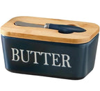 600ml Ceramic Butter Dish with Bamboo Lid & Knife - Navy Blue
