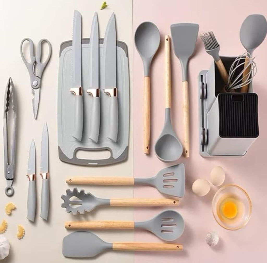 19-Piece Elegant Non-Stick Silicone Kitchen Utensil Set – Grey