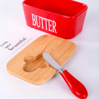 Ceramic Butter Dish Wooden Airtight Lid, With Butter Knife 600ml - Red