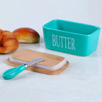 Ceramic Butter Dish With Wooden Airtight Lid, With Butter Knife Turquoise 600ml