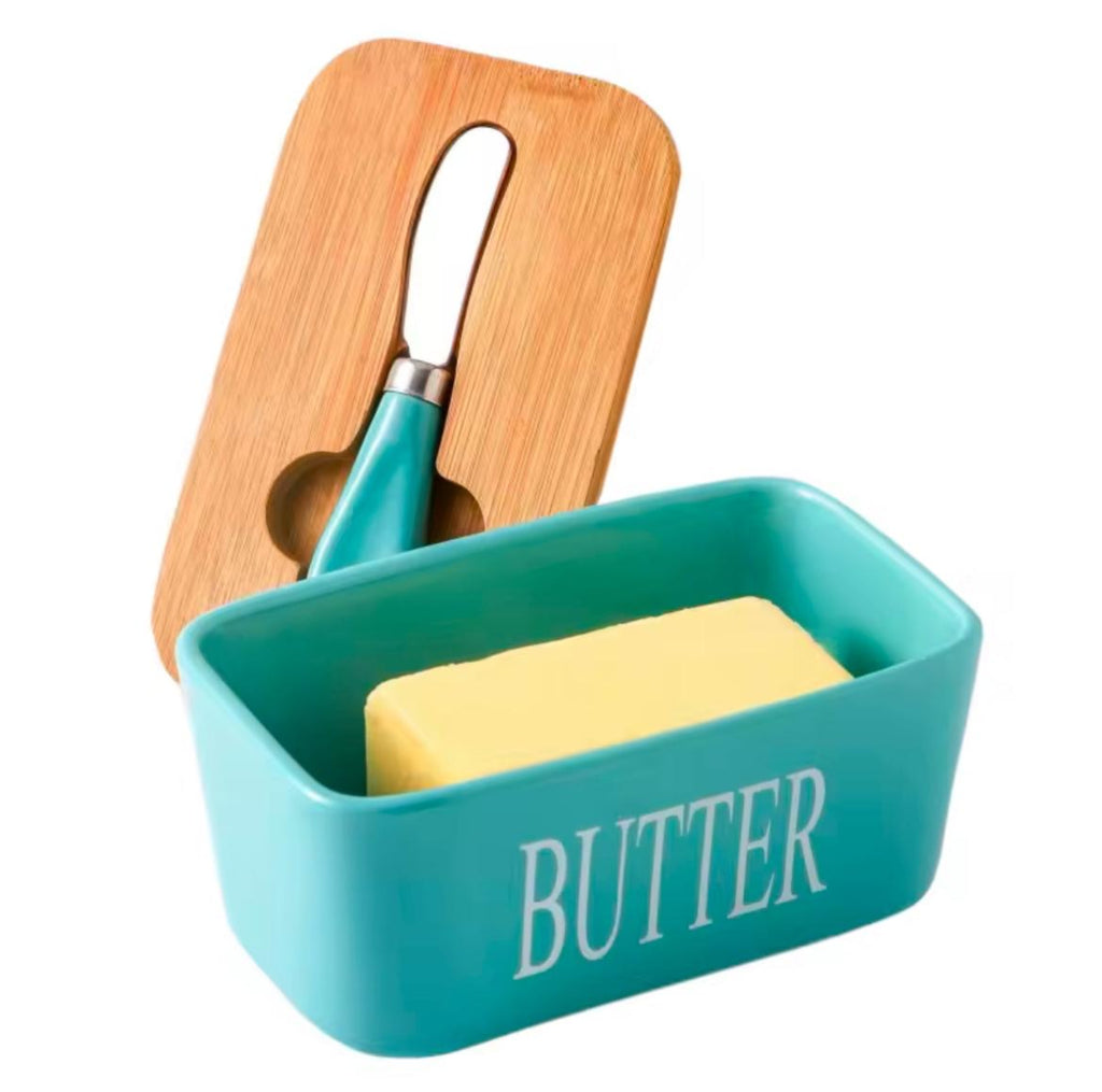 Ceramic Butter Dish With Wooden Airtight Lid, With Butter Knife Turquoise 600ml