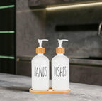 2x 500ml Lotion Soap Dispenser Hand Sanitizer Glass Bottle With Bamboo Cover Pump - White