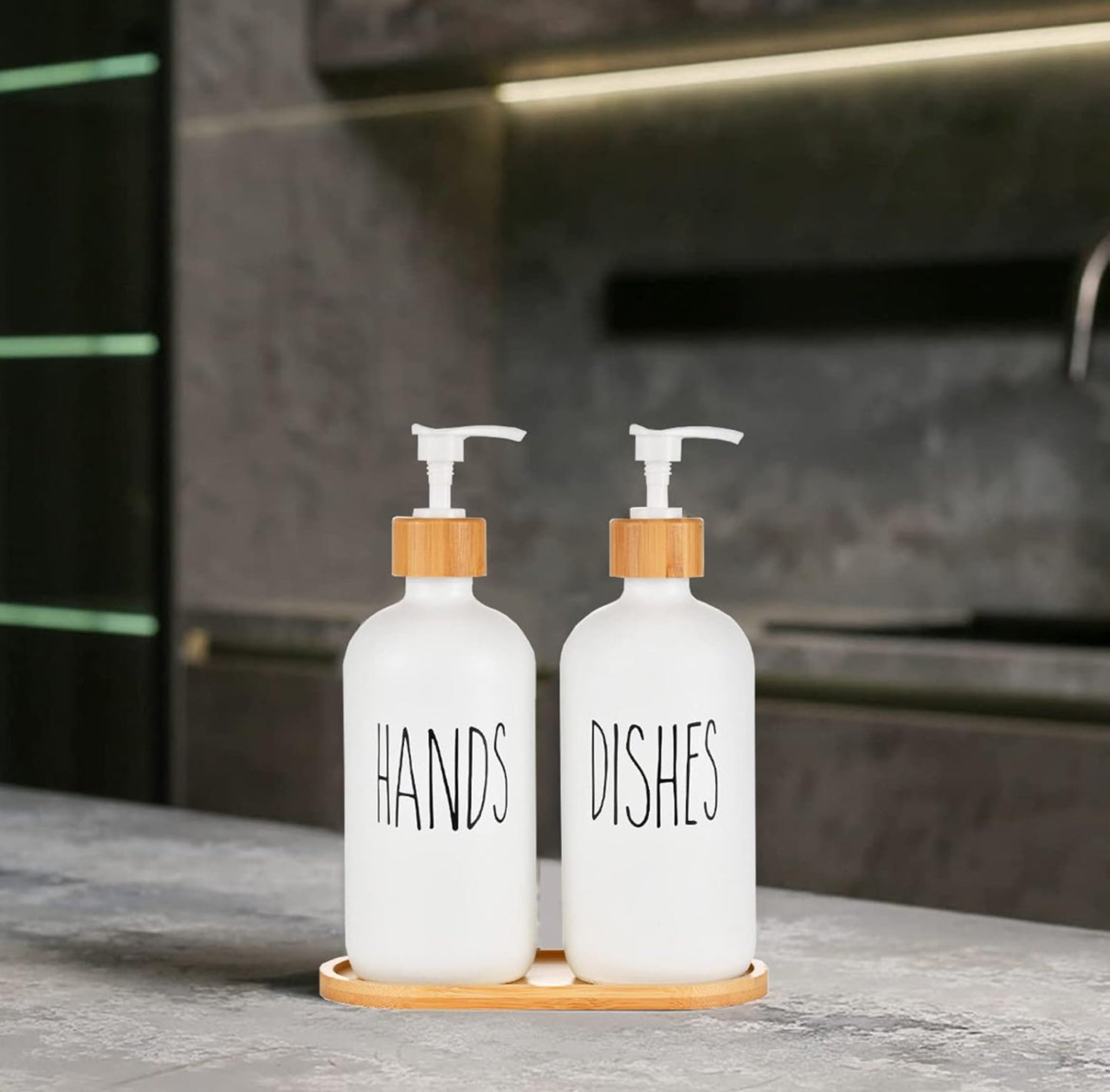 2x 500ml Lotion Soap Dispenser Hand Sanitizer Glass Bottle With Bamboo Cover Pump - White