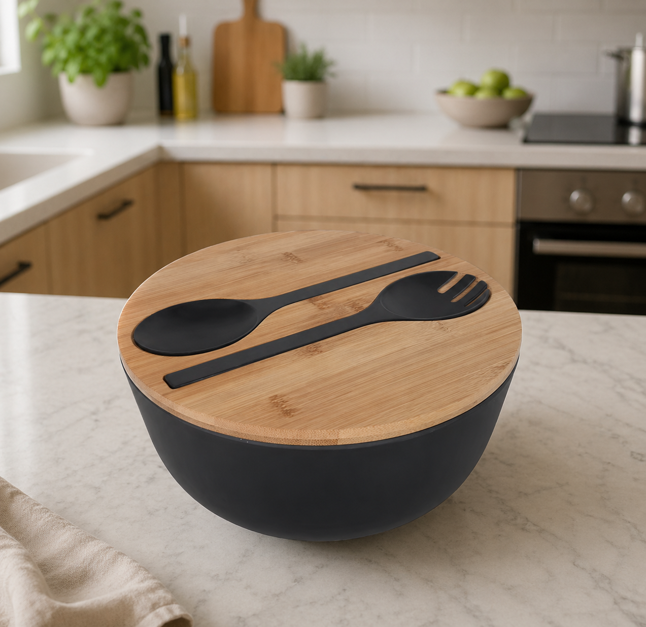 Modern Bamboo Salad Bowl Set with Lid & Serving Spoon and Fork – Black