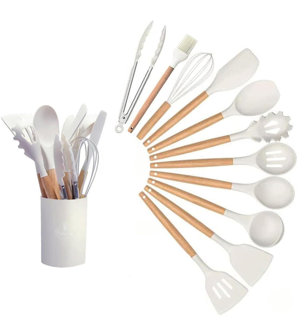 12-Pc Silicone Utensil Set with Wooden Handles & Holder - White