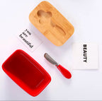 Ceramic Butter Dish Wooden Airtight Lid, With Butter Knife 600ml - Red