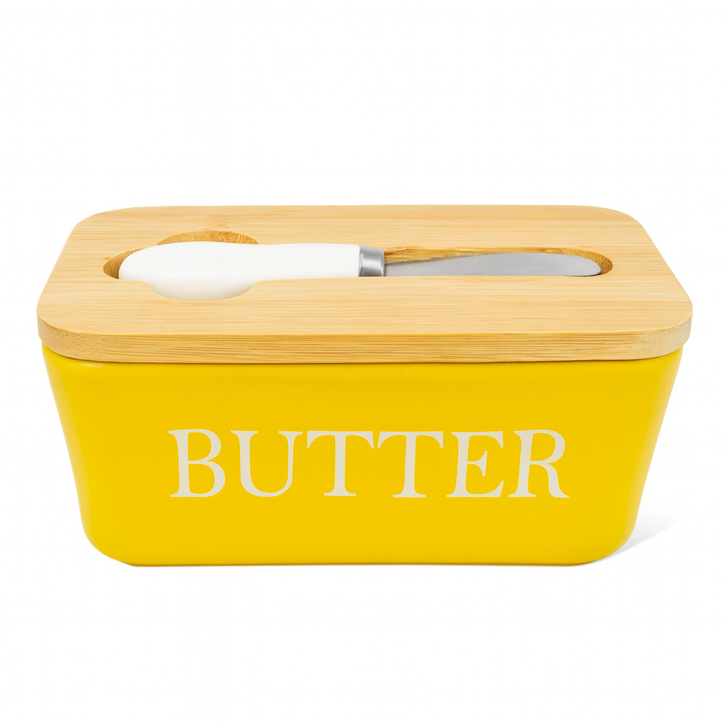 600ml Ceramic Butter Dish with Bamboo Lid & Knife - Yellow