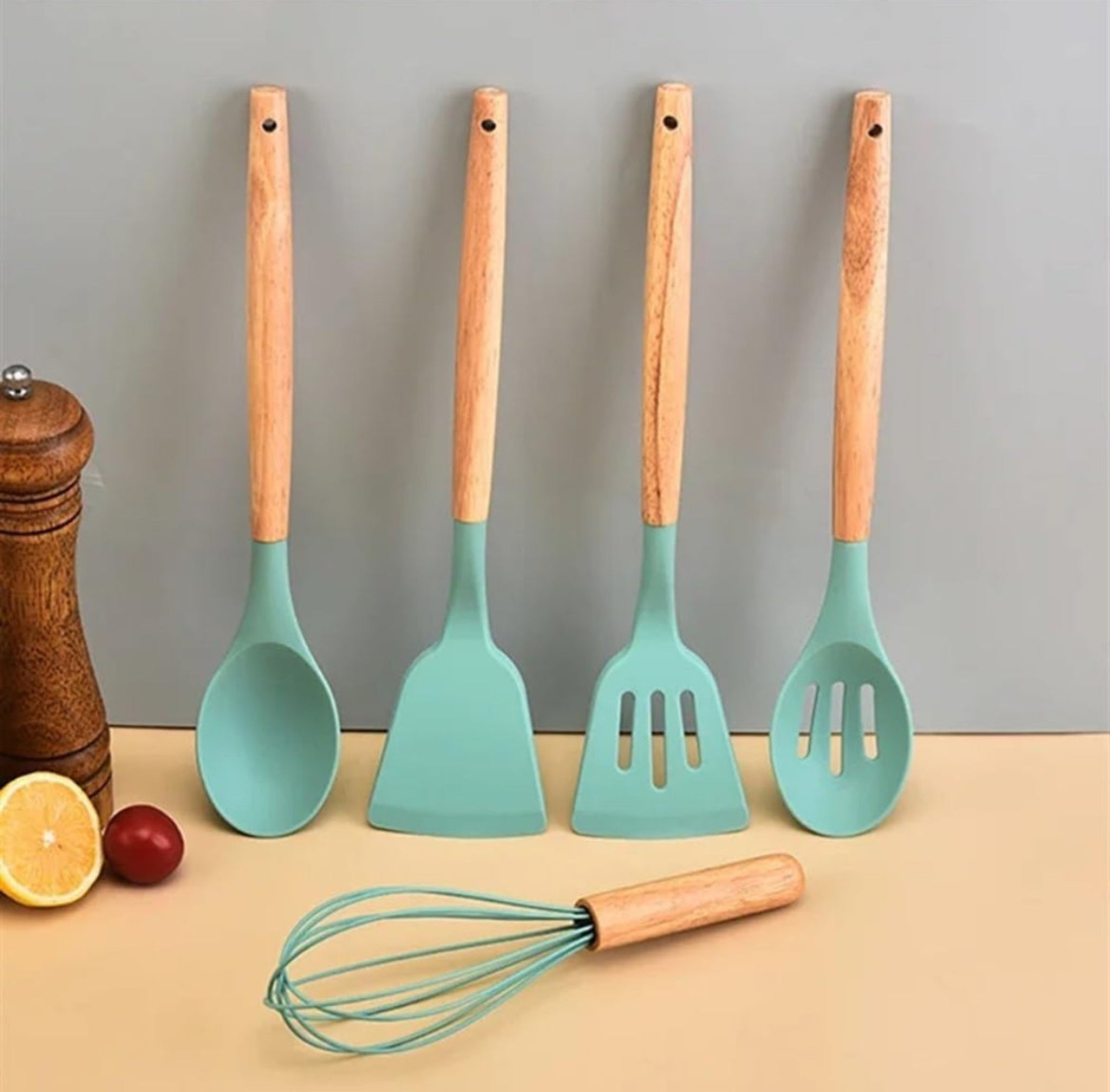 12-Pc Silicone Utensil Set with Wooden Handles & Holder - Turquoise