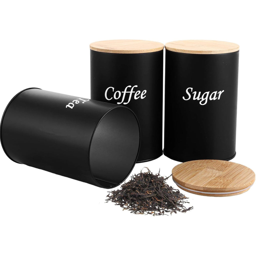 Black Kitchen Canister Set – Coffee, Tea & Sugar with Bamboo Lids (3-Piece)