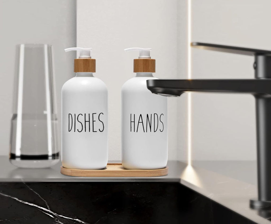 2x 500ml Lotion Soap Dispenser Hand Sanitizer Glass Bottle With Bamboo Cover Pump - White