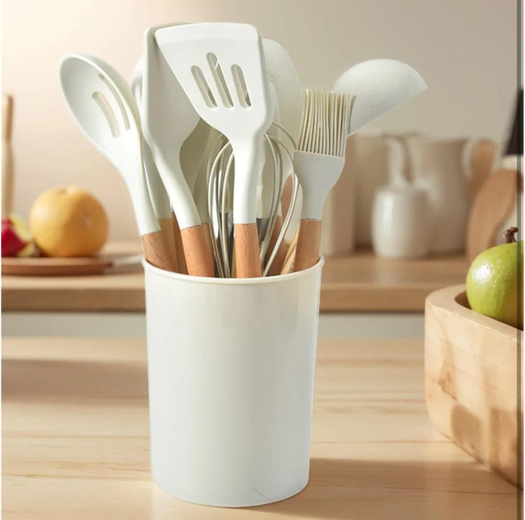 12-Pc Silicone Utensil Set with Wooden Handles & Holder - White