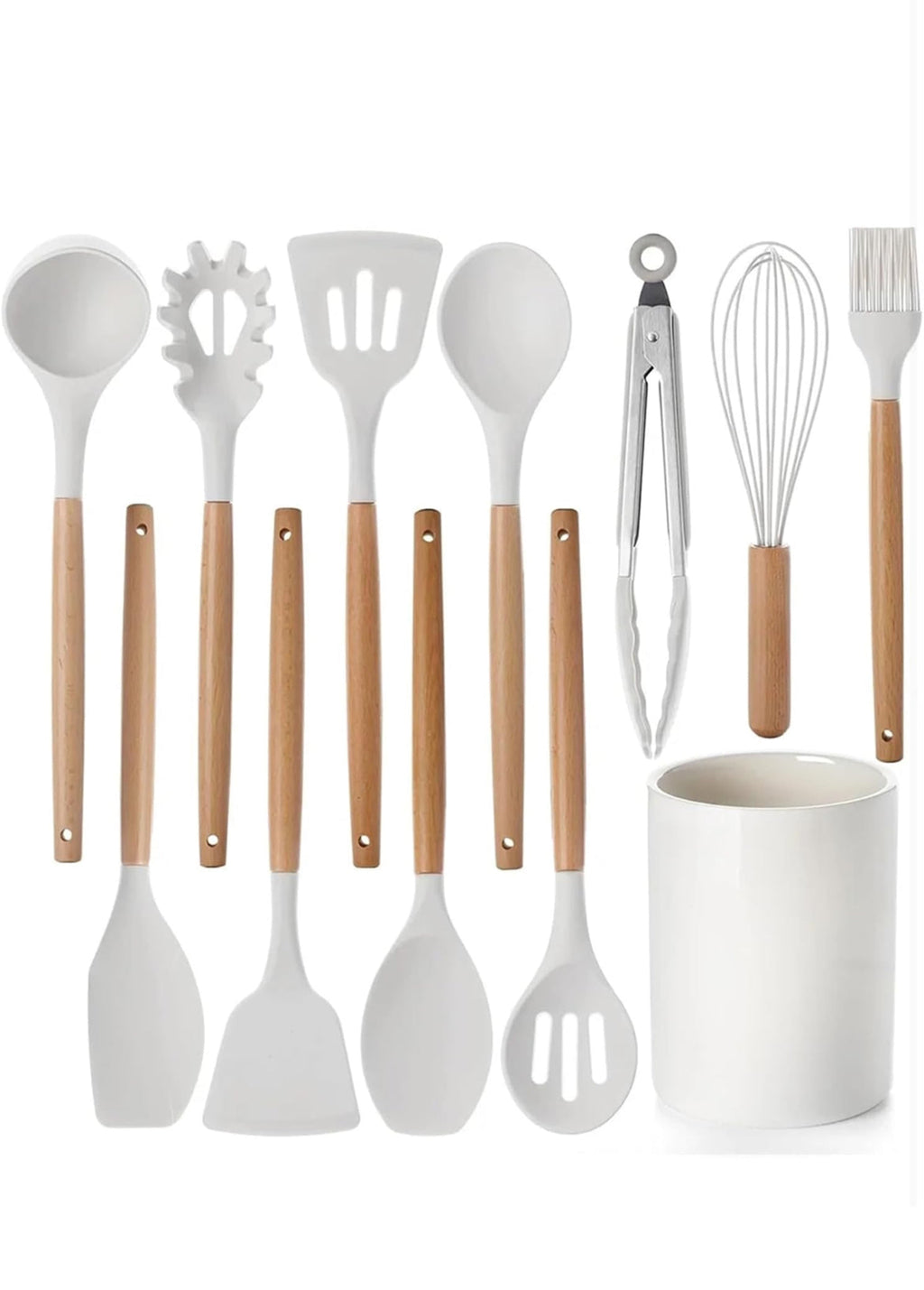 12-Pc Silicone Utensil Set with Wooden Handles & Holder - White
