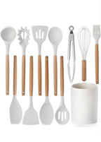 12-Pc Silicone Utensil Set with Wooden Handles & Holder - White