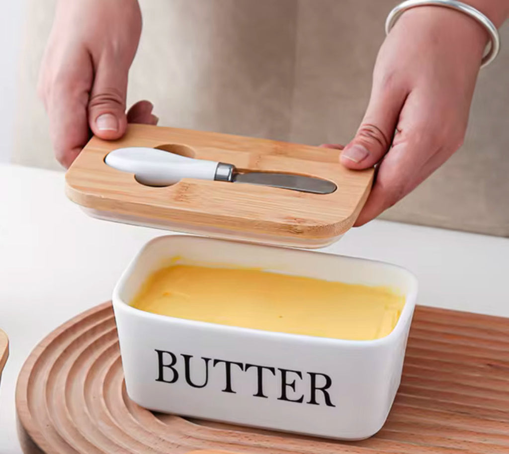 Ceramic Butter Dish With Wooden Airtight Lid, With Butter Knife - White 600ml