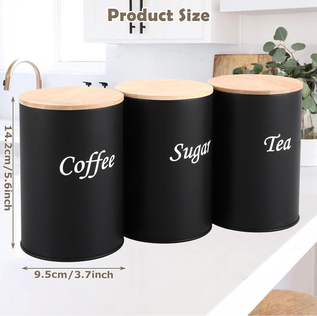 Black Kitchen Canister Set – Coffee, Tea & Sugar with Bamboo Lids (3-Piece)