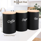 Black Kitchen Canister Set – Coffee, Tea & Sugar with Bamboo Lids (3-Piece)