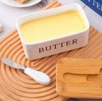 Ceramic Butter Dish With Wooden Airtight Lid, With Butter Knife - White 600ml