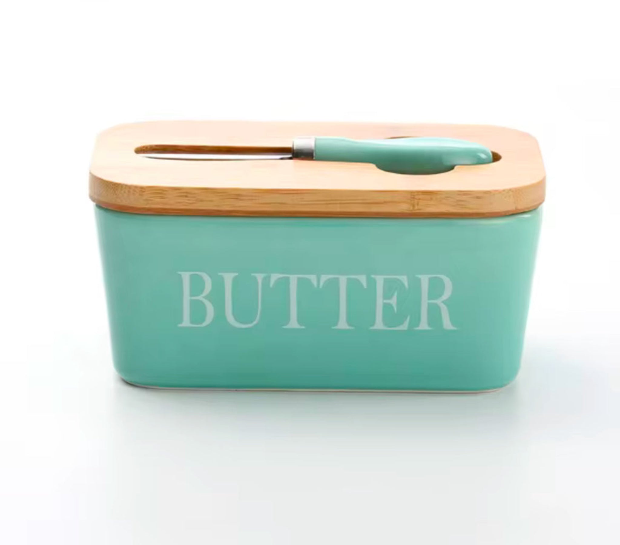 Ceramic Butter Dish With Wooden Airtight Lid, With Butter Knife Turquoise 600ml