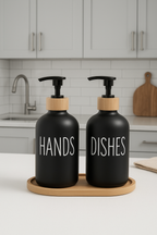 2x 500ml Lotion Soap Dispenser Hand Sanitizer Glass Bottle With Bamboo Cover Pump - Black