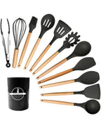 12-Pc Silicone Utensil Set with Wooden Handles & Holder - Black