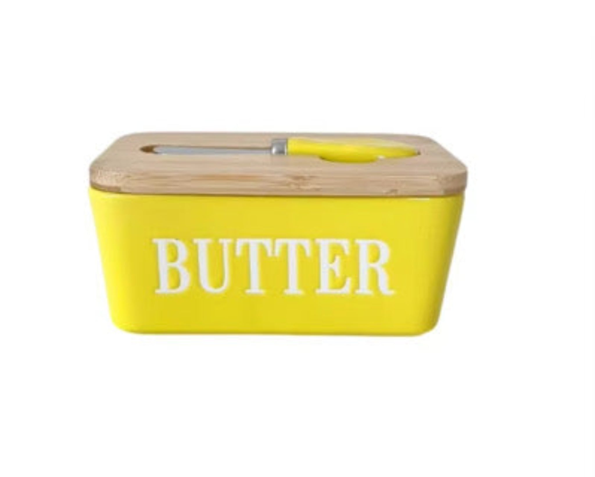 600ml Ceramic Butter Dish with Bamboo Lid & Knife - Yellow