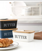 Ceramic Butter Dish With Wooden Airtight Lid, With Butter Knife - White 600ml