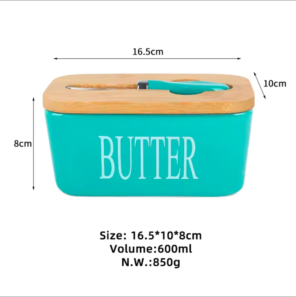 Ceramic Butter Dish With Wooden Airtight Lid, With Butter Knife Turquoise 600ml