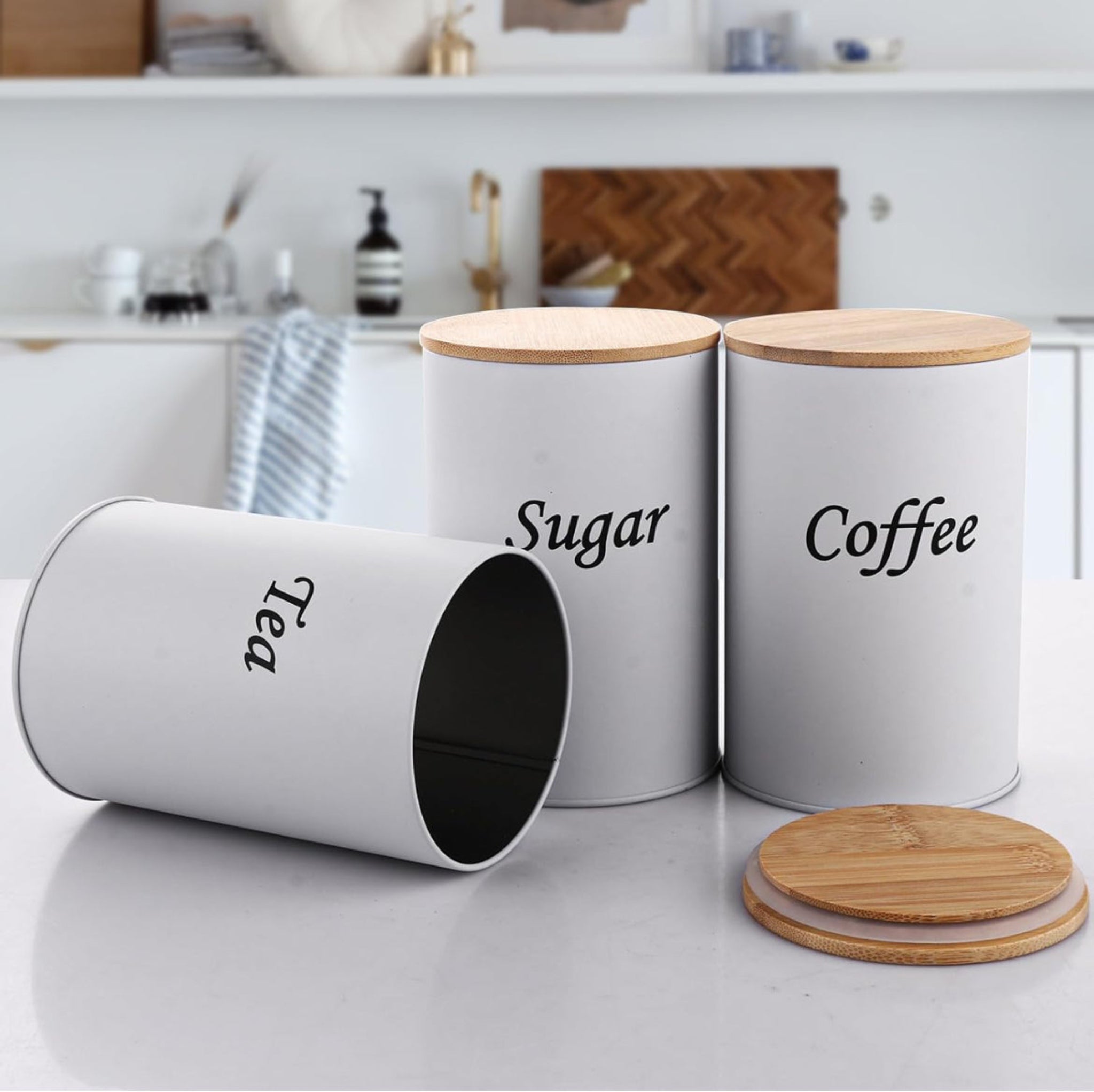 White Kitchen Canister Set – Coffee, Tea & Sugar with Bamboo Lids (3-Piece)