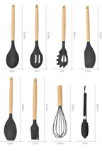 12-Pc Silicone Utensil Set with Wooden Handles & Holder - Black