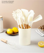 12-Pc Silicone Utensil Set with Wooden Handles & Holder - White