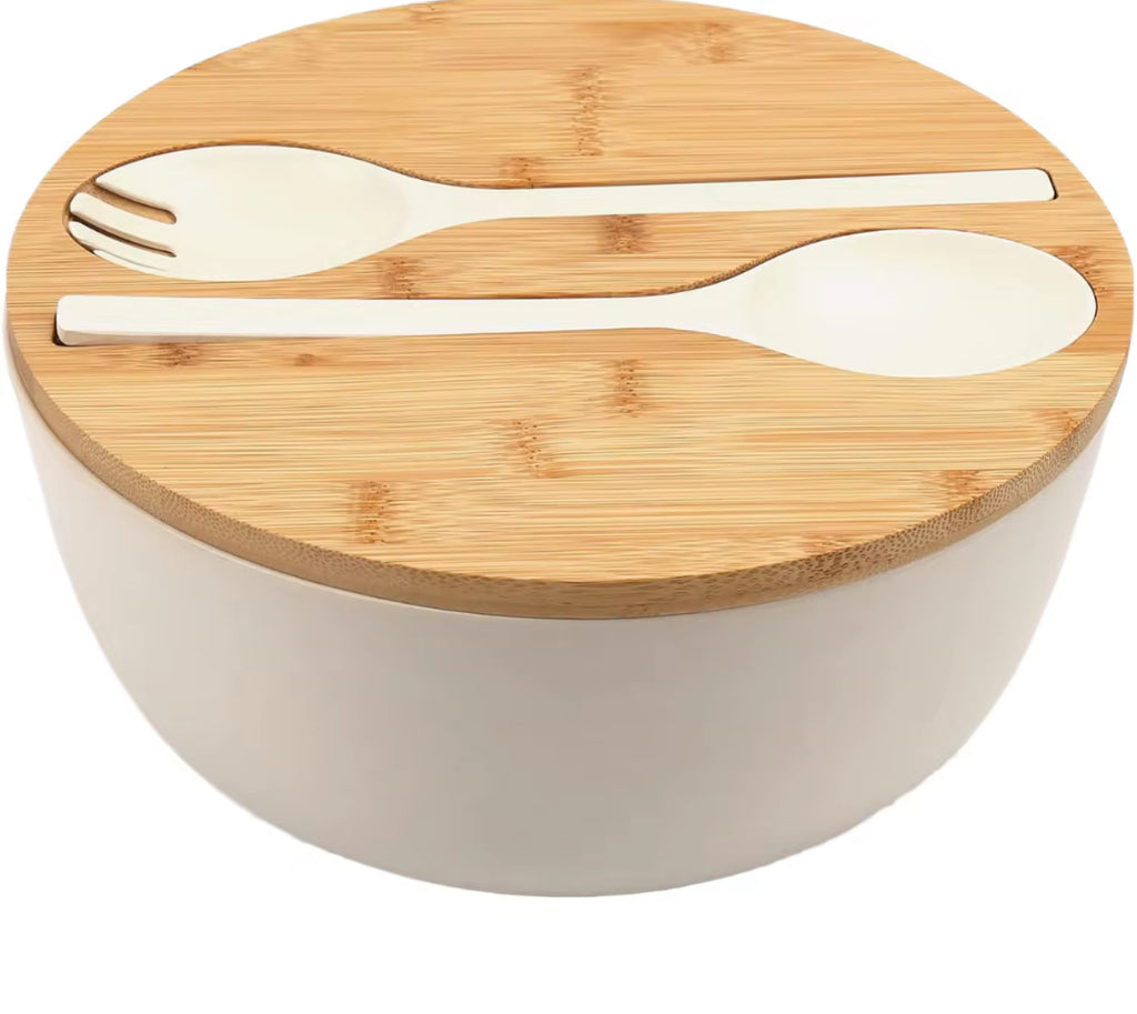 Modern Bamboo Salad Bowl Set with Lid & Serving Spoon and Fork – White