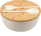 Modern Bamboo Salad Bowl Set with Lid & Serving Spoon and Fork – White