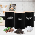 Black Kitchen Canister Set – Coffee, Tea & Sugar with Bamboo Lids (3-Piece)